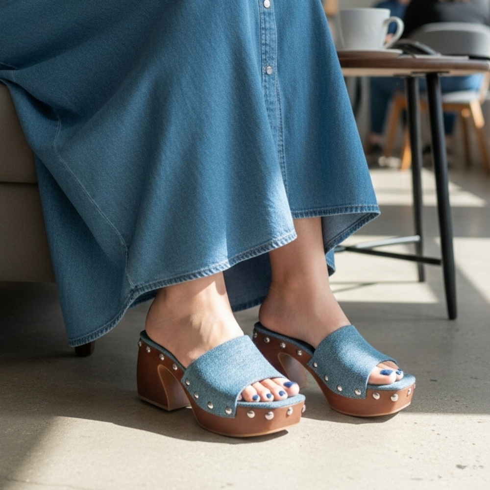Denim Mules Retro Chunky Platform Sandals Slip On Coastal Resort 9.5